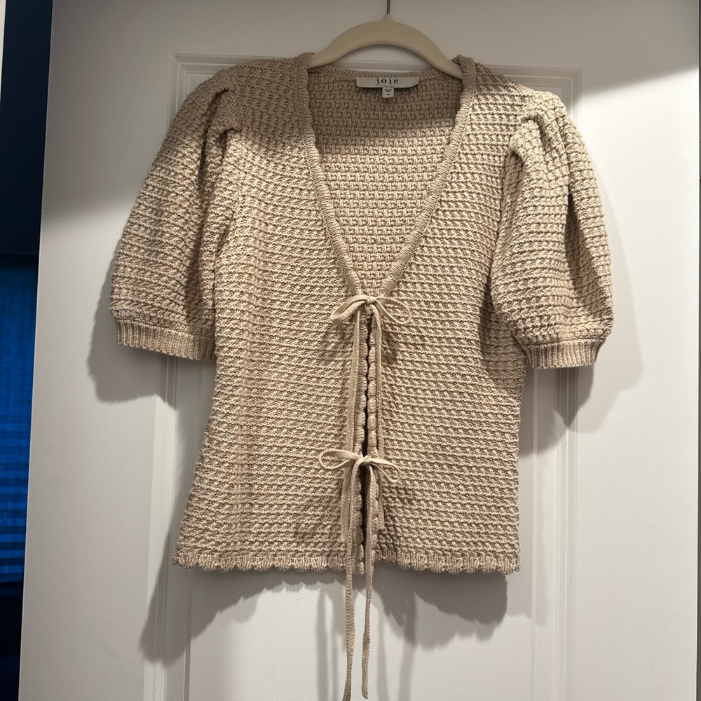 Joie Beige Crochet Tie-Front Puff Sleeve Top